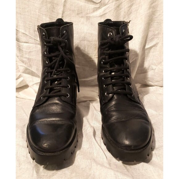 MNG Black Faux Leather Waffle Sole Side Zip Combat Ankle Boots Size 40 (9) GUC - Picture 1 of 10